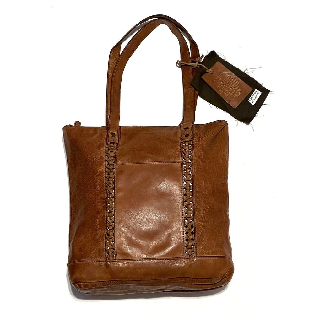Vilenca Holland Leather Tote Shopper Woven Detail Cognac MP 466 NWT 12”X11”X4”